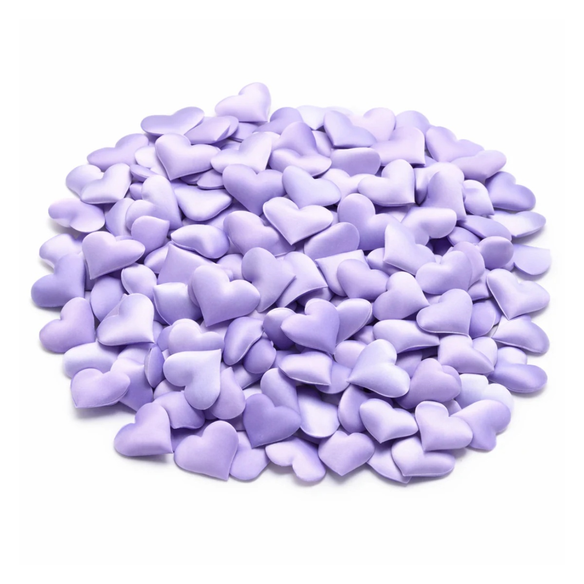 Lavender padded hearts on a white background