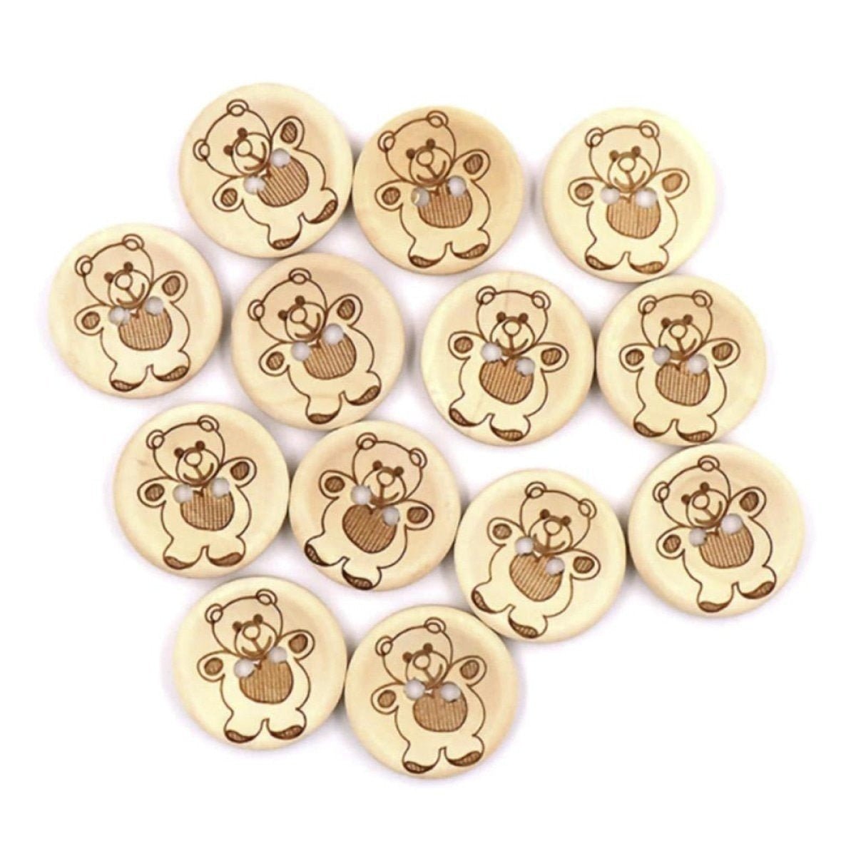 200pcs Wooden Buttons 15mm-25mm 2-Holes Teddy Pattern Round for Handmade Clothes - 15mm - Asia Sell