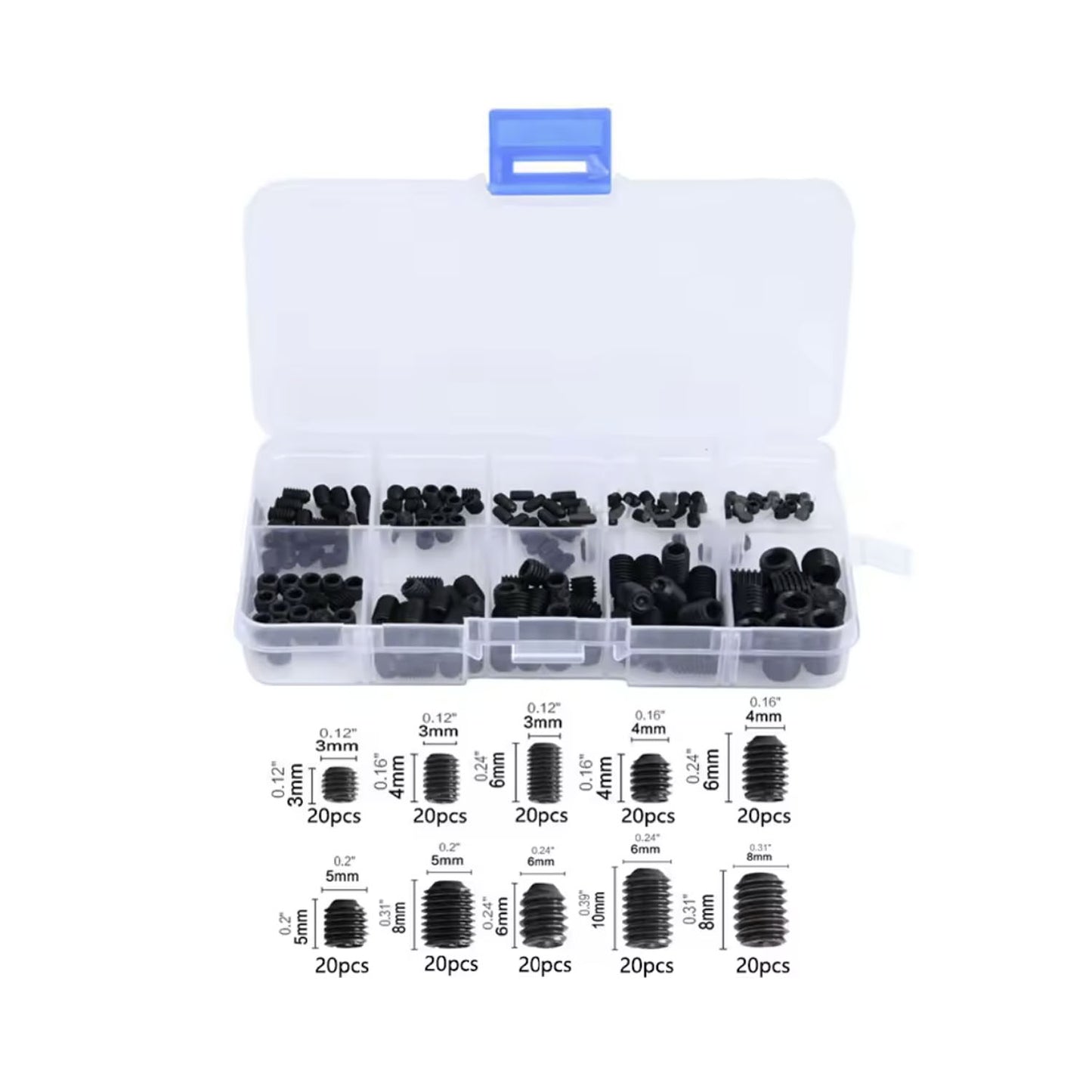200pcs Box Headless Screw Hexagon Socket Screw Combination Platter Set Recessed End | Black | Asia Sell