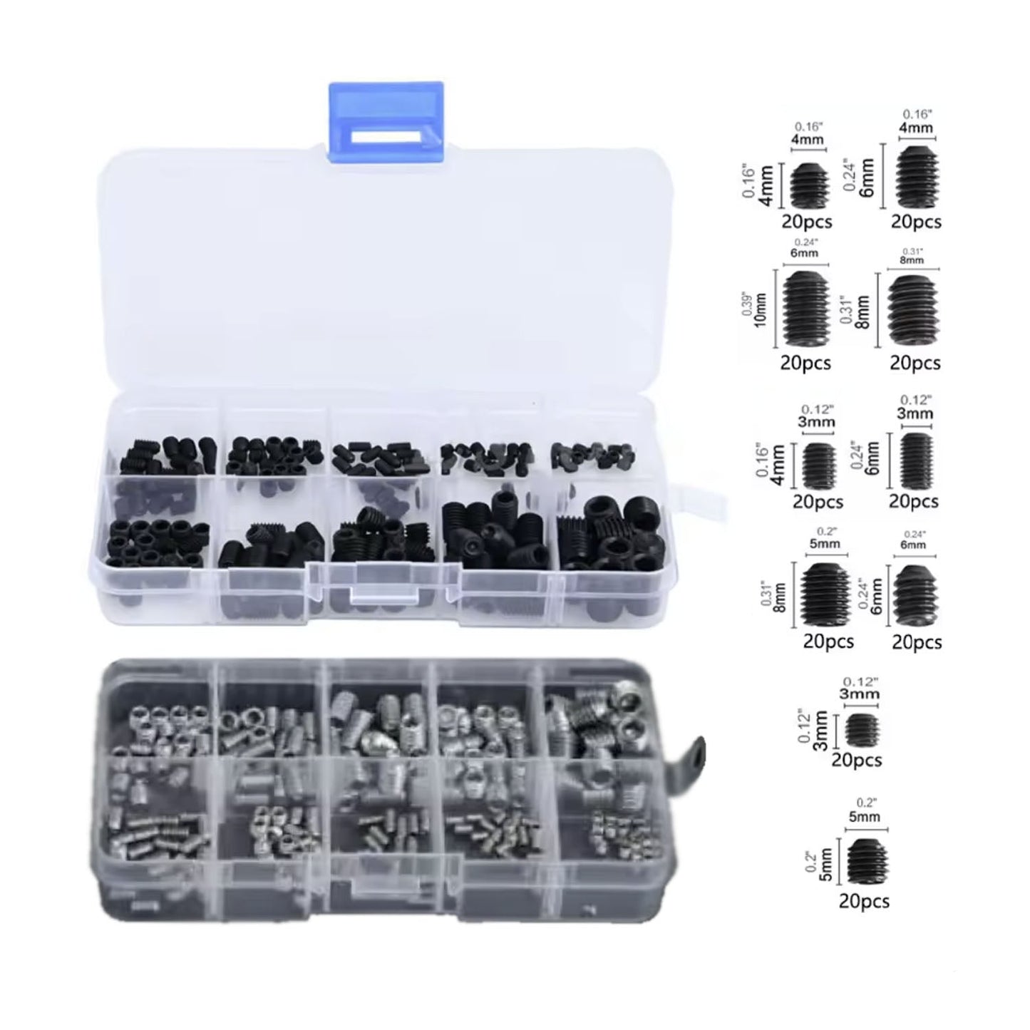 200pcs Box Black Silver Headless Screw Hexagon Socket Screw Combination Platter Set Recessed End | Asia Sell