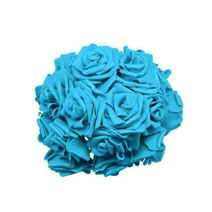 20pcs 7cm Artificial Flowers with Stems Foam Rose Fake Bride Bouquet Wedding - Cyan/Blue - - Asia Sell
