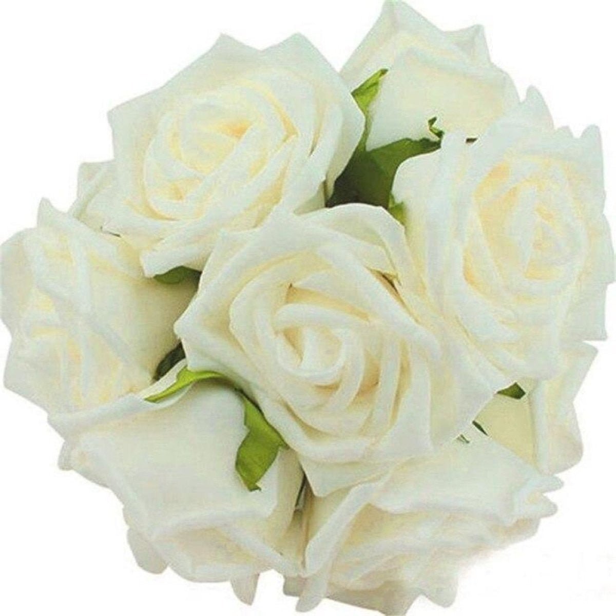 20pcs 7cm Artificial Flowers with Stems Foam Rose Fake Bride Bouquet Wedding - Milk White - - Asia Sell
