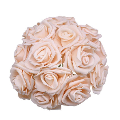 20pcs 7cm Artificial Flowers with Stems Foam Rose Fake Bride Bouquet Wedding - Peach - - Asia Sell