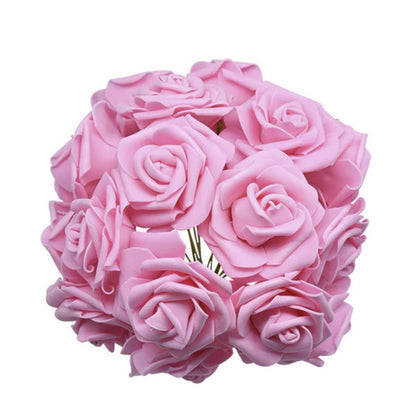 20pcs 7cm Artificial Flowers with Stems Foam Rose Fake Bride Bouquet Wedding - Pink - - Asia Sell