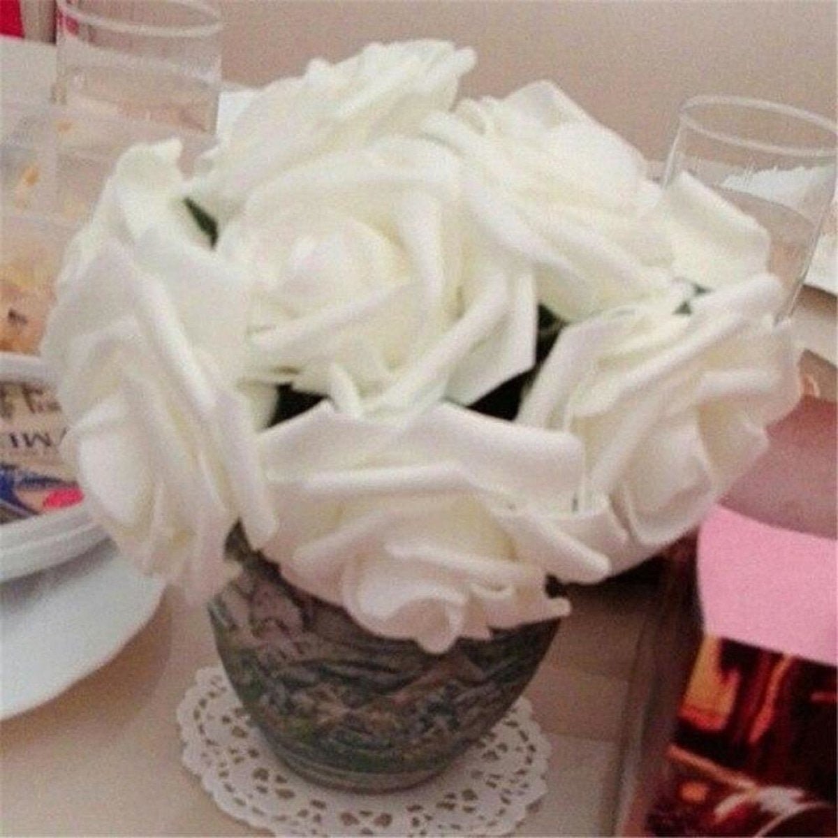20pcs 7cm Artificial Flowers with Stems Foam Rose Fake Bride Bouquet Wedding - White - - Asia Sell