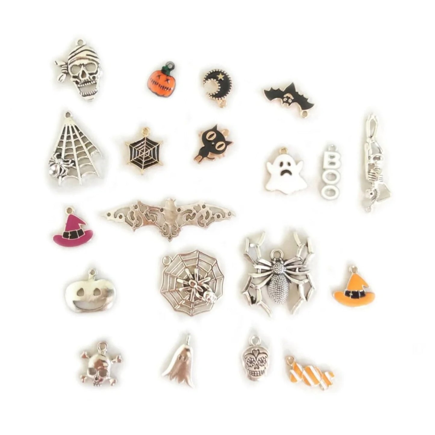 20pcs Mixed Enamel Halloween Charms Pendant Jewellery Making Accessories Candy Ghost Pumpkin Bat Spider Cat Skull - - Asia Sell