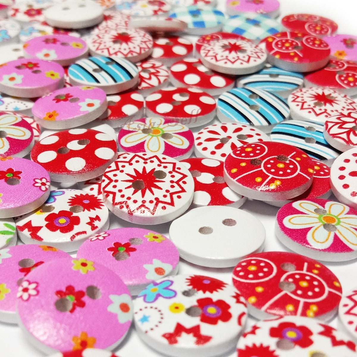20pcs White Backed Wooden Round Buttons Colourful Mixed Floral Patterns 15mm 2-Hole Pink Red - - Asia Sell