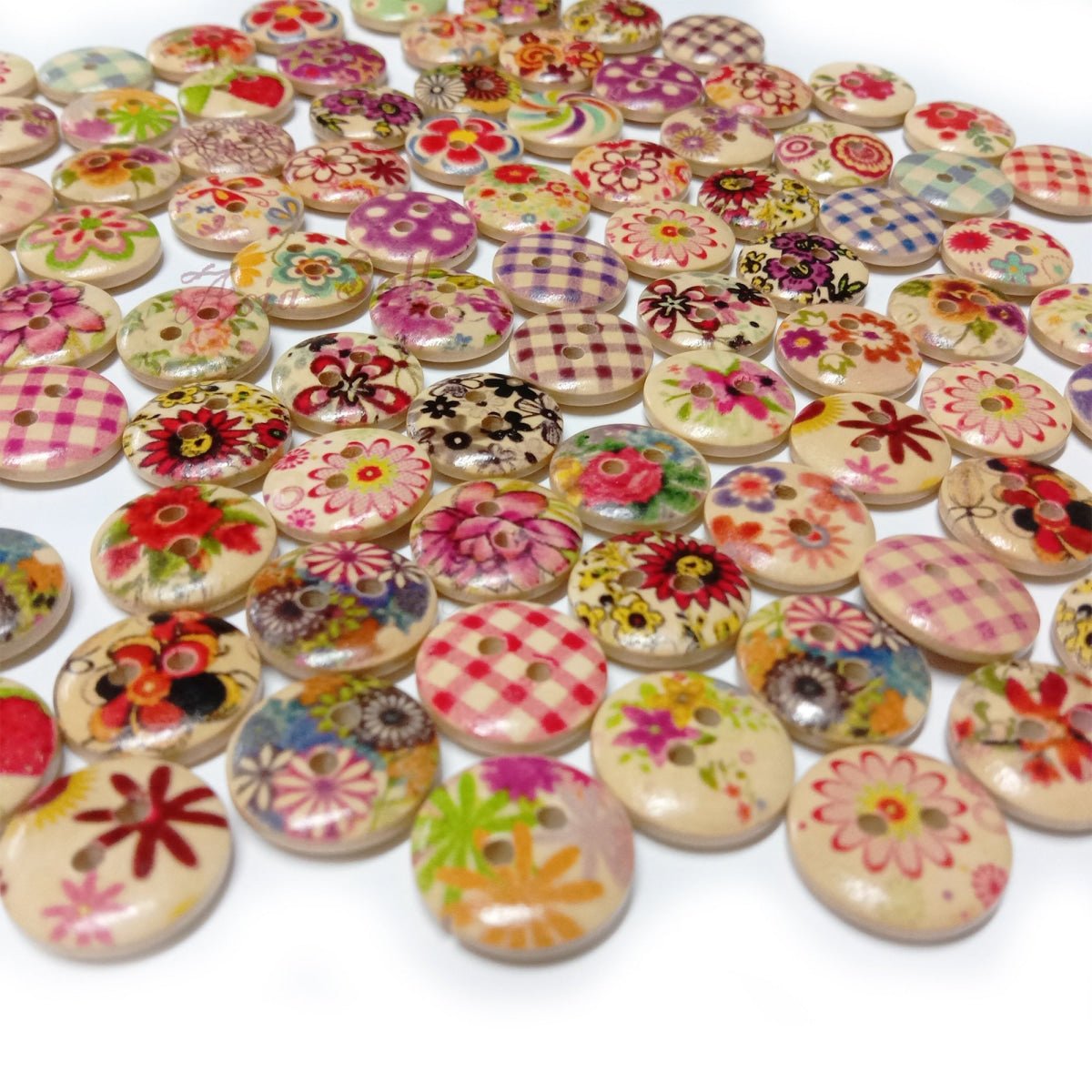 20pcs Wooden Round Buttons Mixed Flower Patterns Colourful 15mm 2-Hole - - Asia Sell