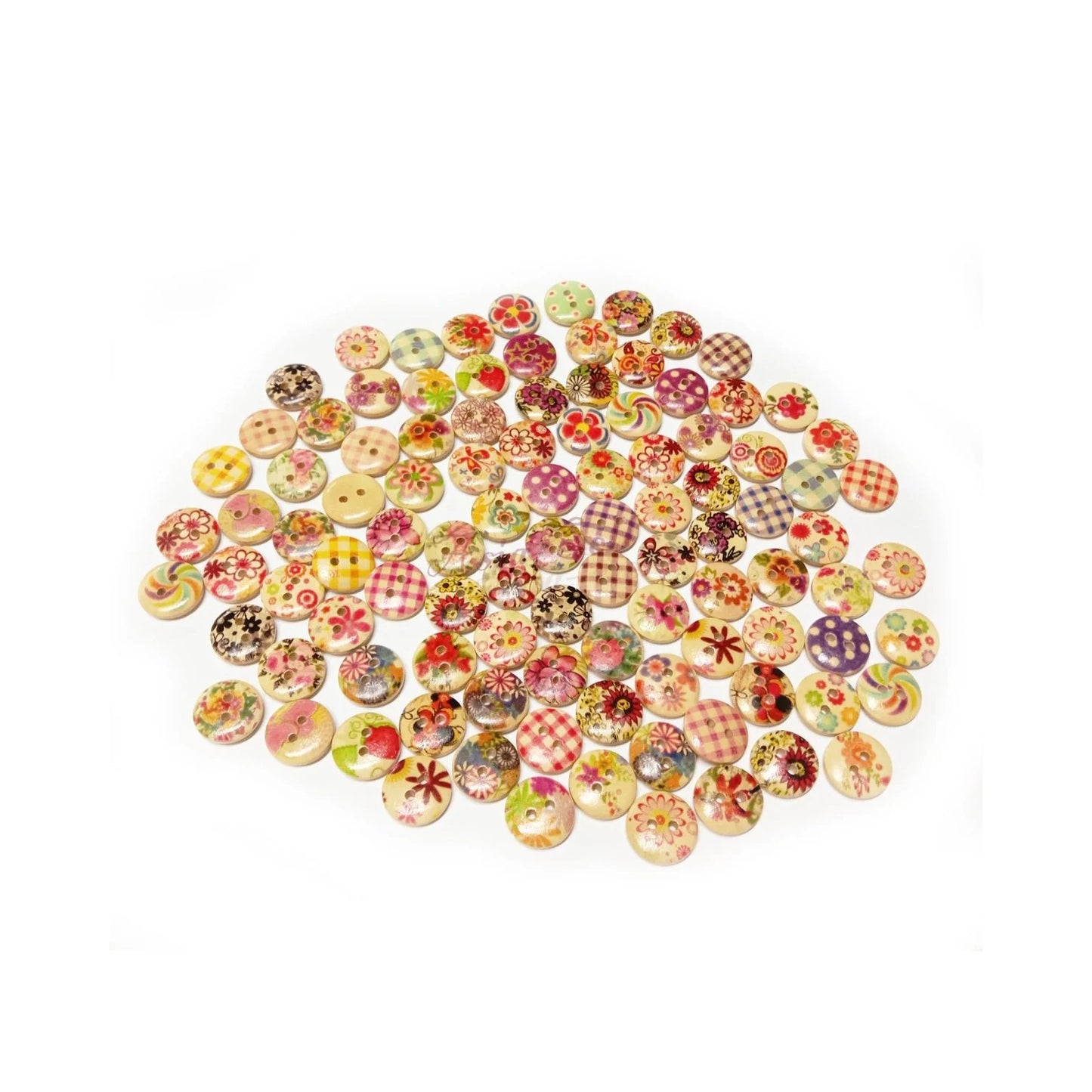 20pcs Wooden Round Buttons Mixed Flower Patterns Colourful 15mm 2-Hole - - Asia Sell