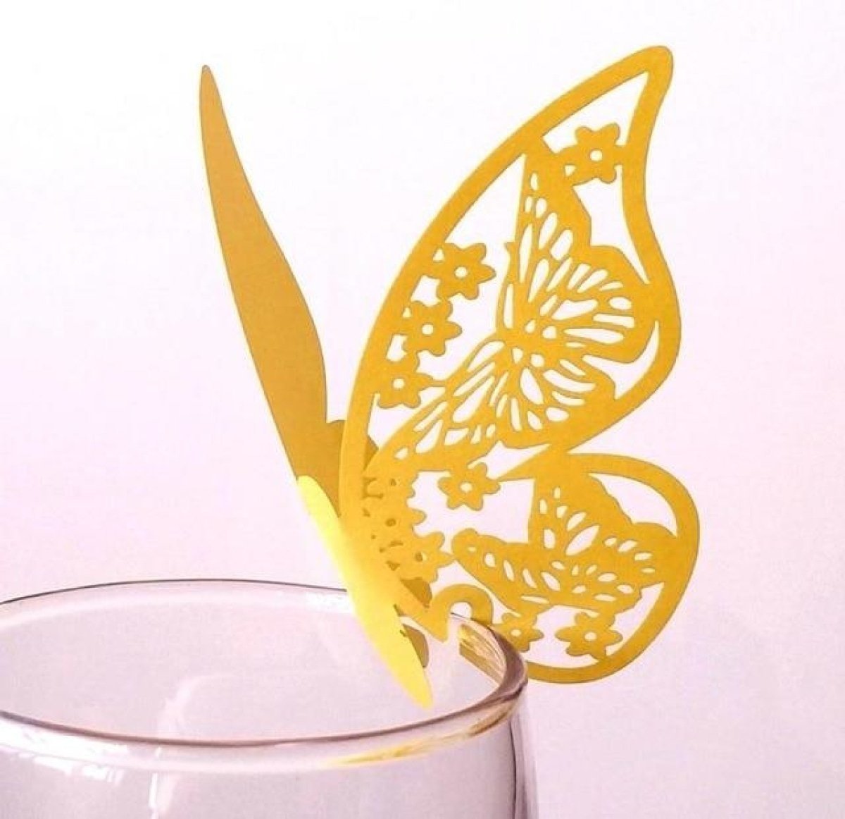 20x Wine Glass Wedding Name Cards for Weddings Butterfly Laser Cut Paper Table Place Card 11cm - Yellow - Asia Sell