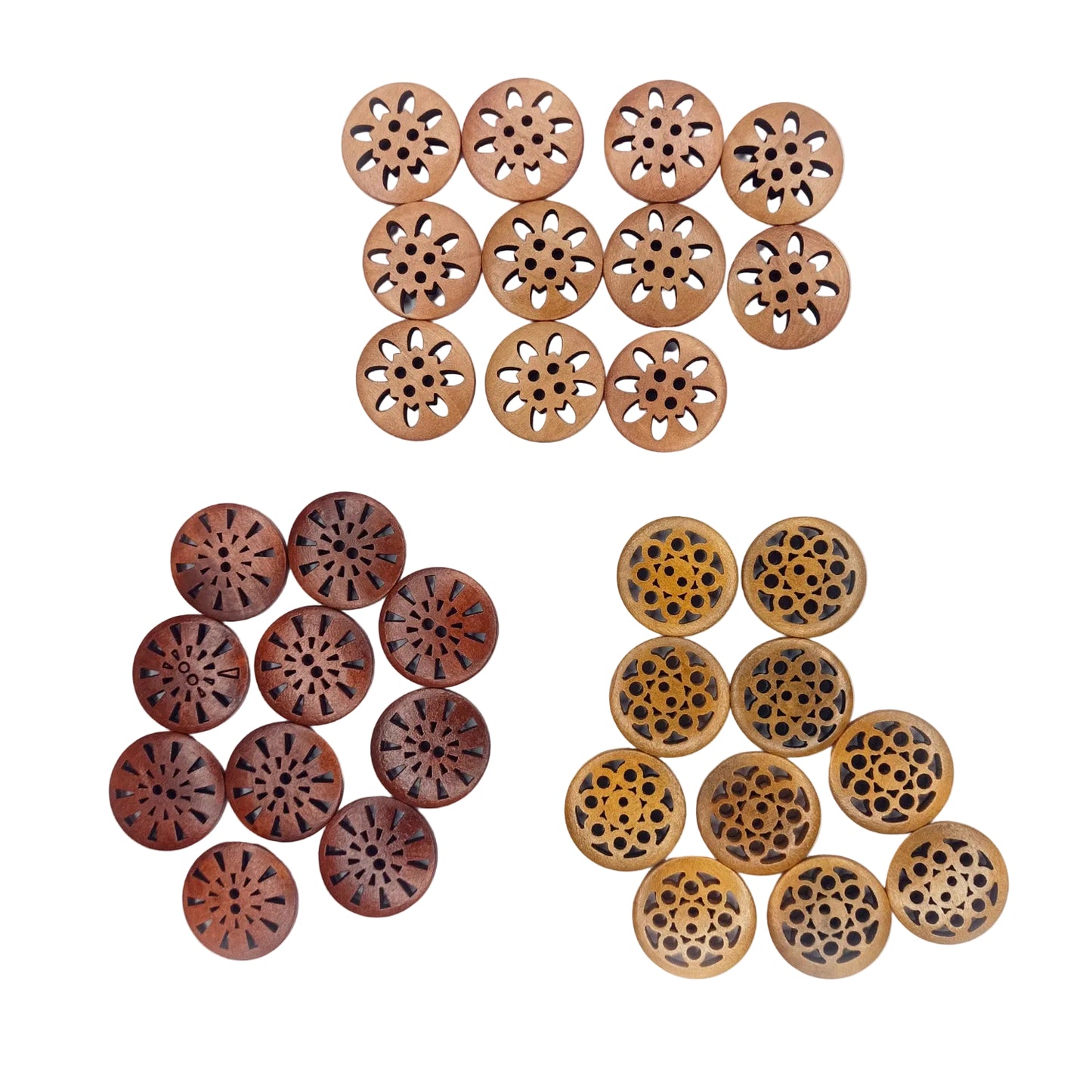 10-30pcs 18-25mm Carved Wooden Buttons Brown Cut-Out 2-Hole Coat Upholstery Flower Sewing Clothes