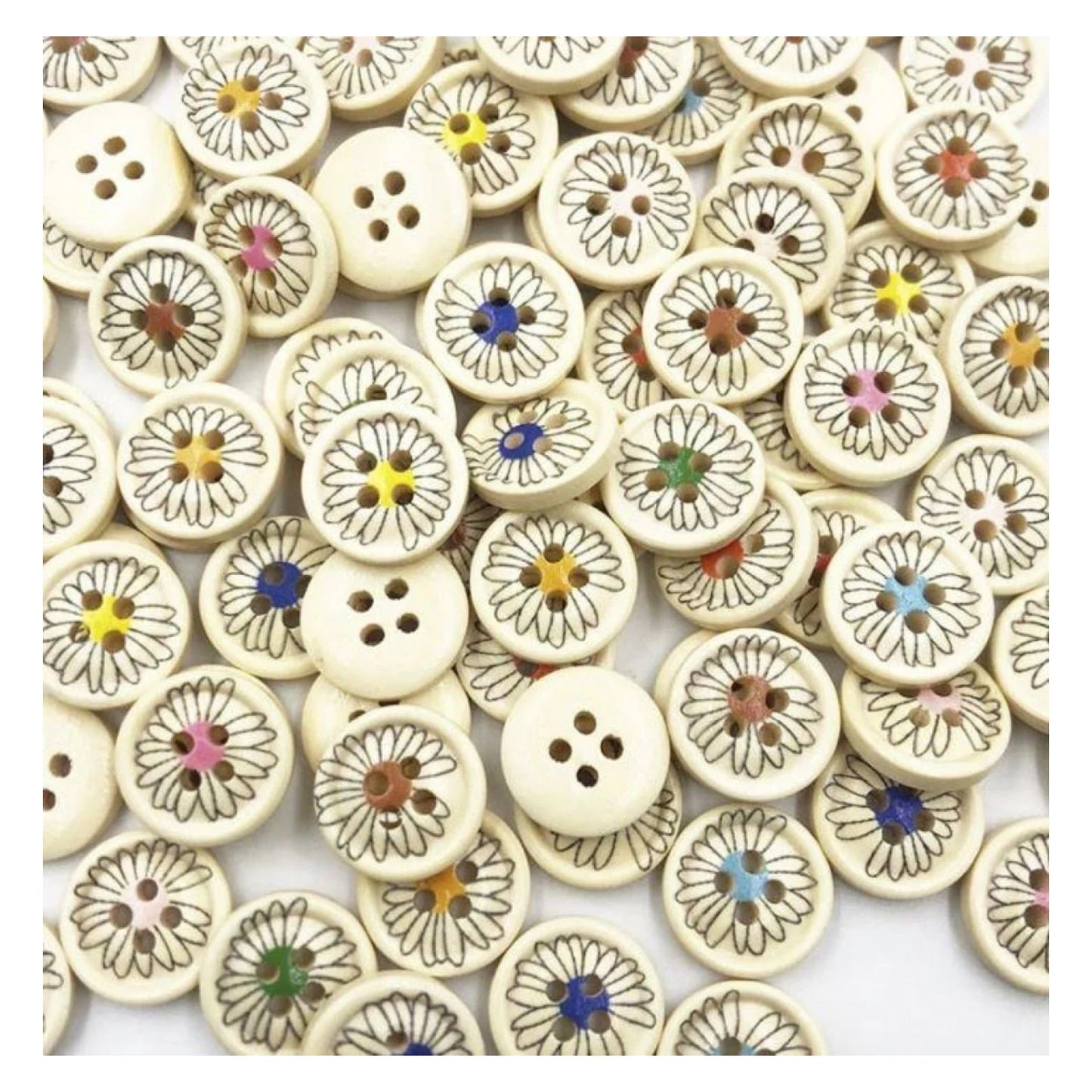 25pcs Buttons 4-Hole Flower Daisy Design Natural Colour 15mm - - Asia Sell