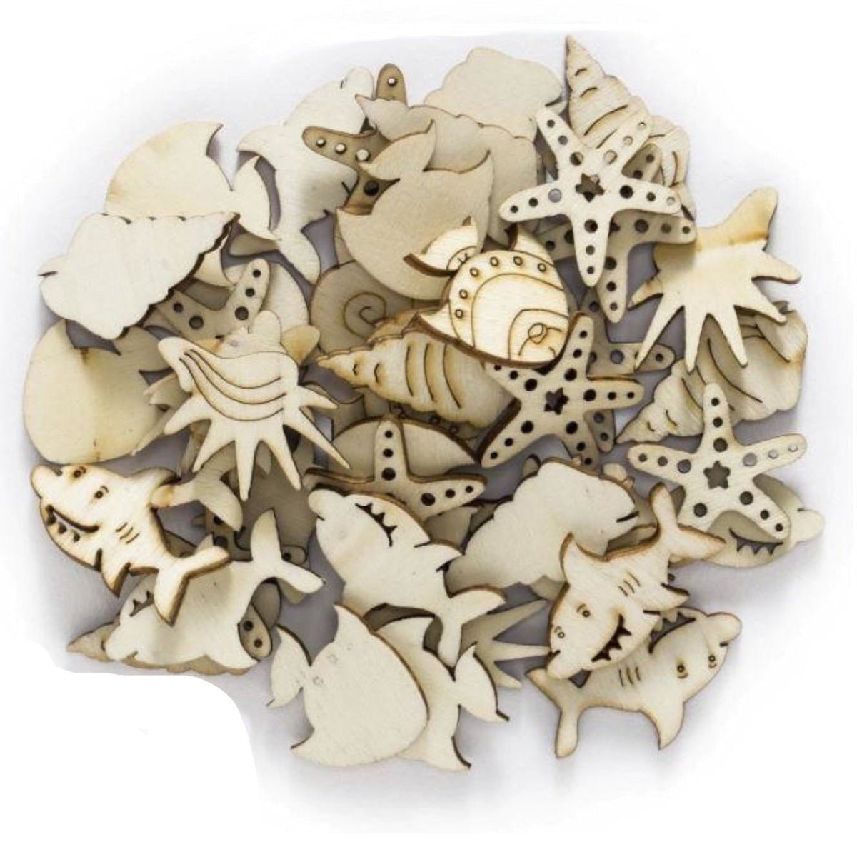 25pcs Sea Animals Wooden DIY Craft Wood Scrapbooking Fish Seahorse Shark Starfish Mollusc - - Asia Sell