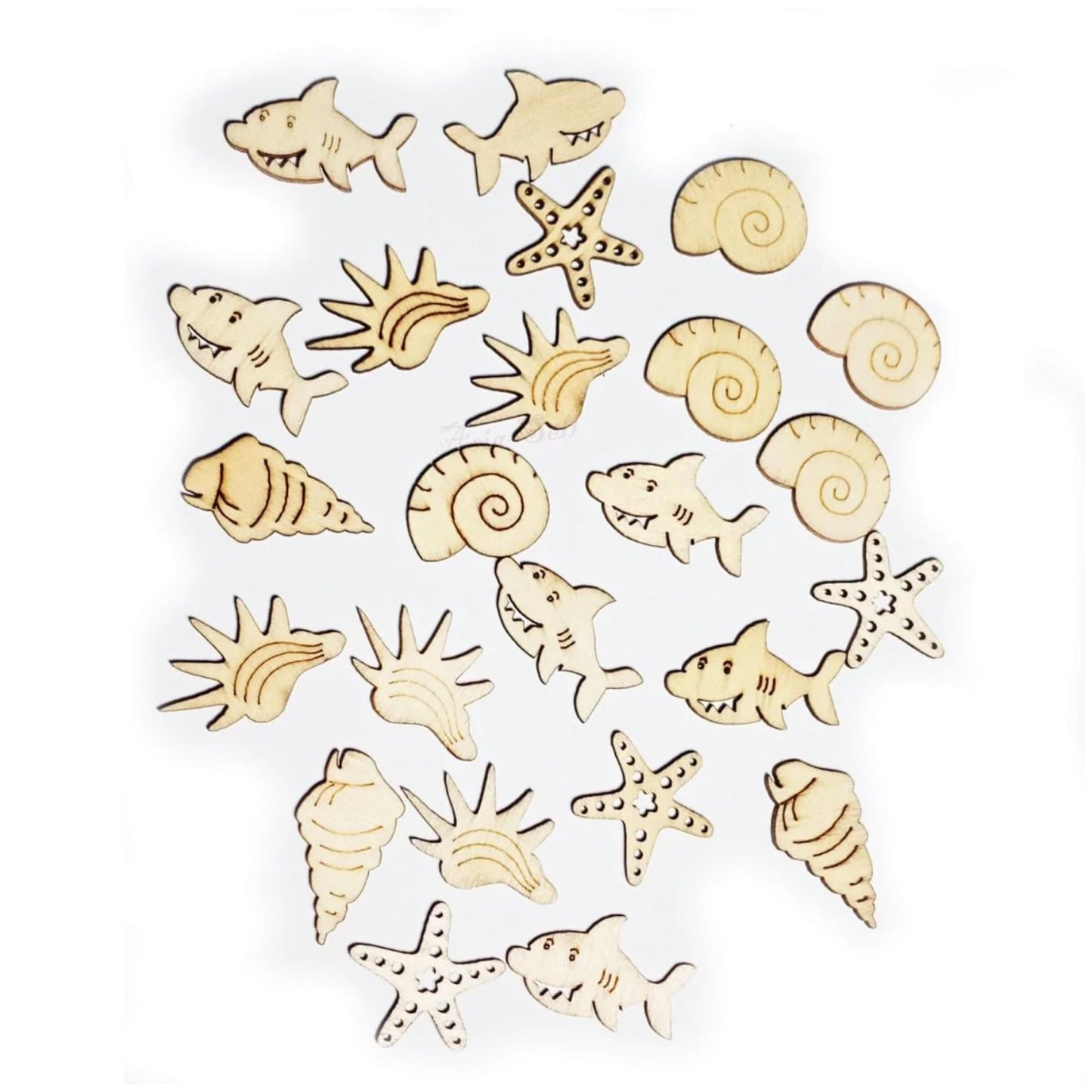 25pcs Sea Animals Wooden Pieces Craft Scrapbooking Wood Shark Starfish Mollusc Clam Seashell - - Asia Sell