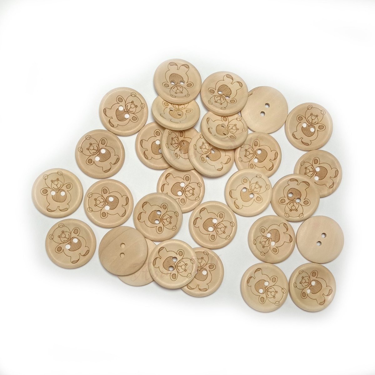 25pcs Wooden Buttons 15mm-25mm 2-Holes Teddy Pattern Round for Handmade Clothes - 15mm - Asia Sell