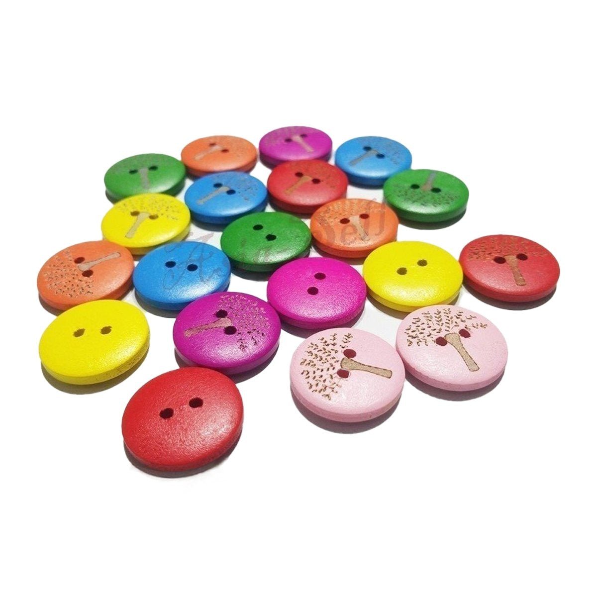25pcs Wooden Buttons Tree Design for Clothing Craft Sewing DIY 2 Hole 20mm - Mixed colours - Asia Sell