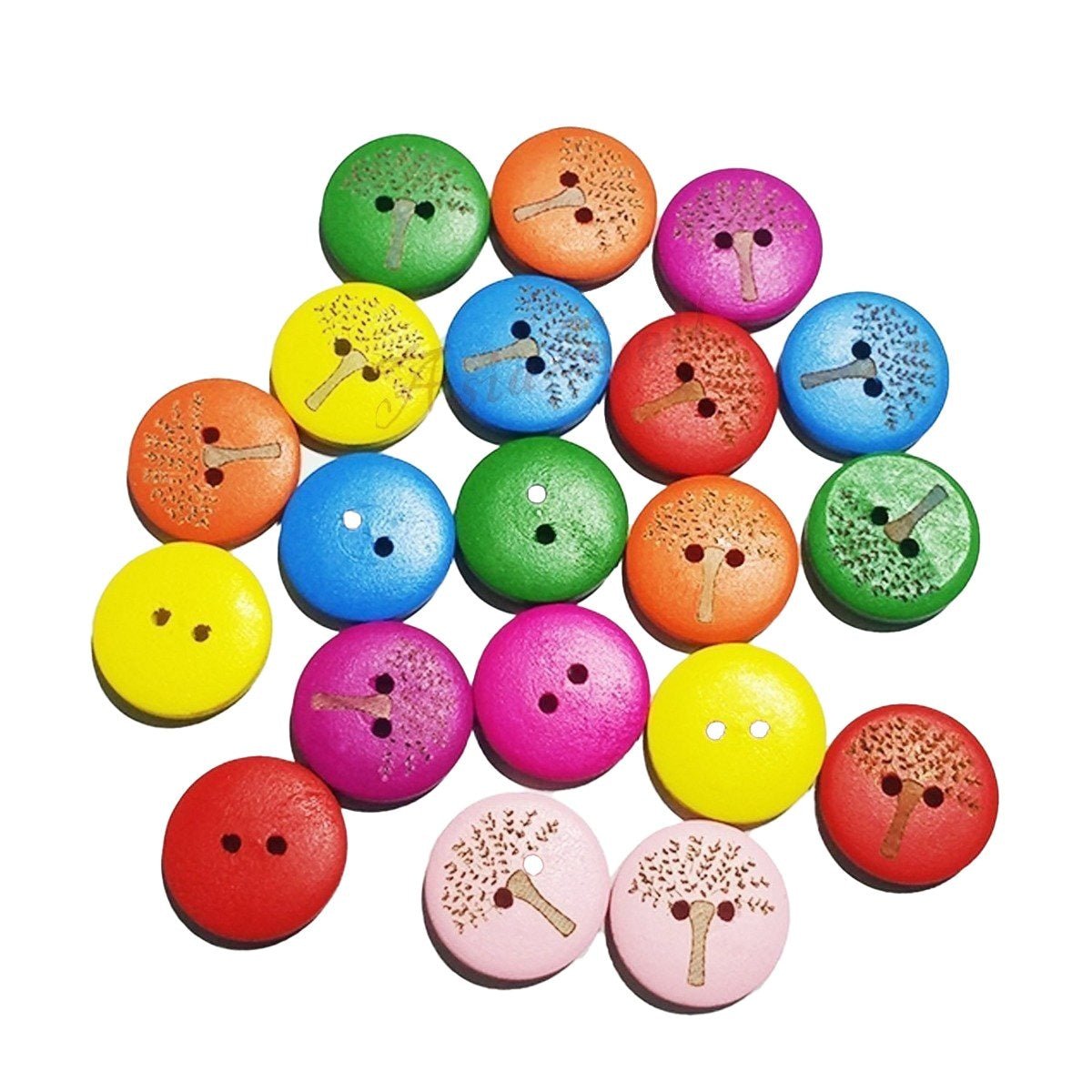 25pcs Wooden Buttons Tree Design for Clothing Craft Sewing DIY 2 Hole 20mm - Mixed colours - Asia Sell