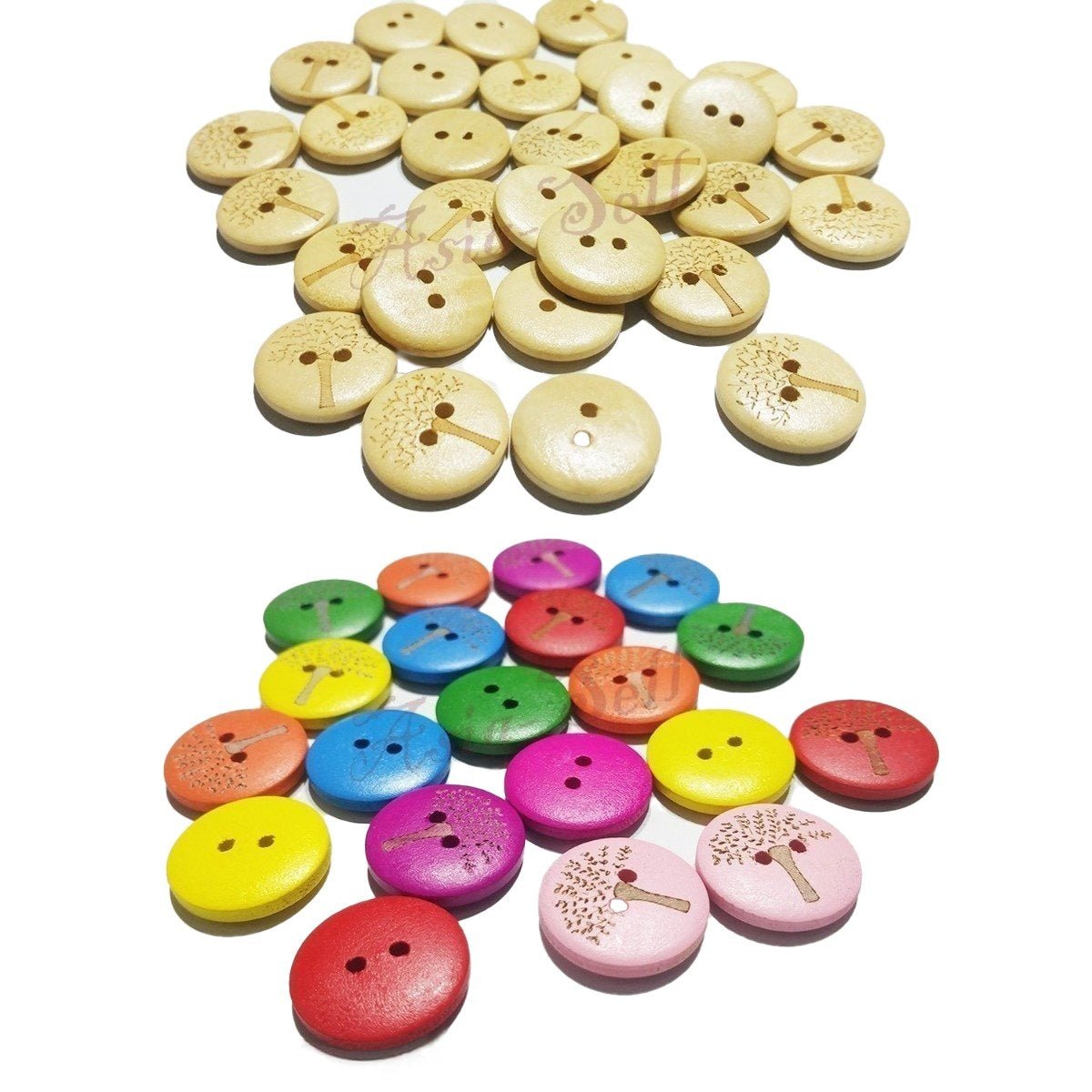25pcs Wooden Buttons Tree Design for Clothing Craft Sewing DIY 2 Hole 20mm - Natural colour - Asia Sell