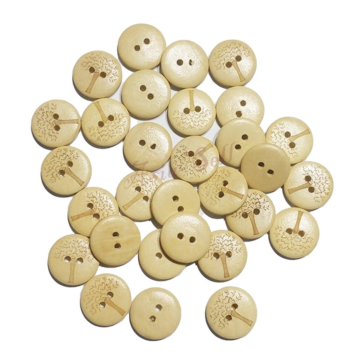 25pcs Wooden Buttons Tree Design for Clothing Craft Sewing DIY 2 Hole 20mm - Natural colour - Asia Sell