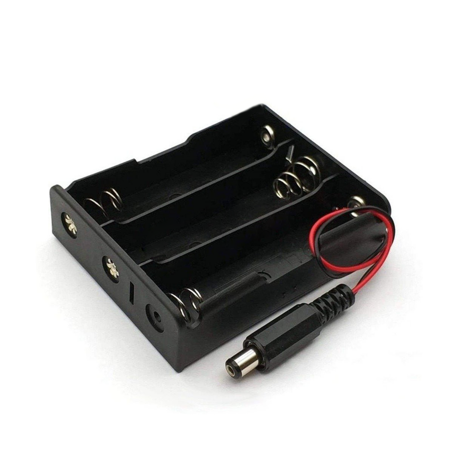 Black battery holder with connectors on a white background
