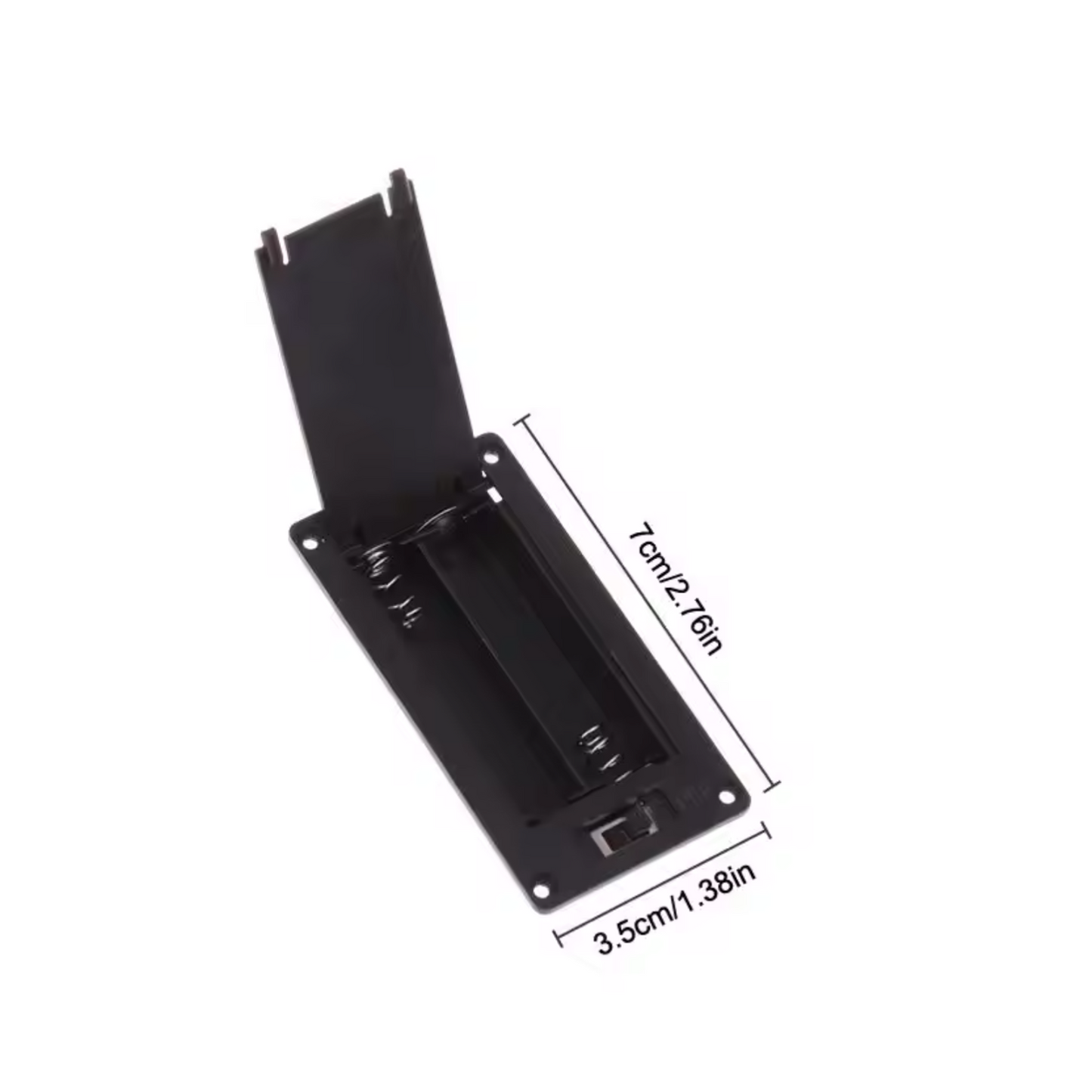 Black rectangular battery holder with dimensions on a white background