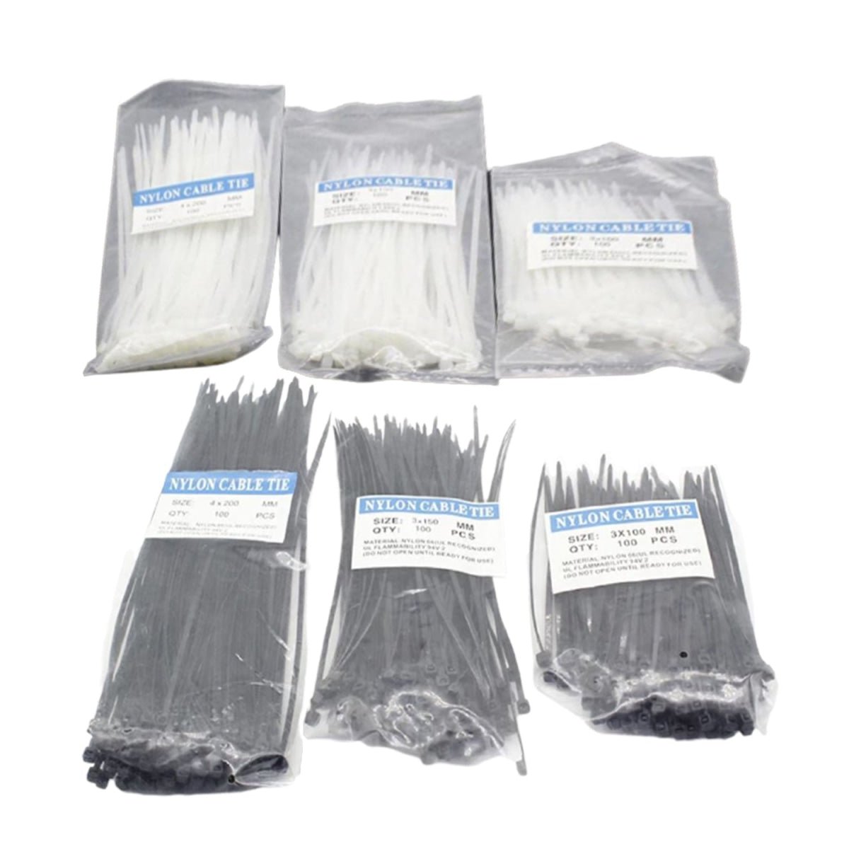 300pcs Nylon Cable Zip Ties 3x100 3x150 4x200mm Black White Mini Tool - Black - Asia Sell
