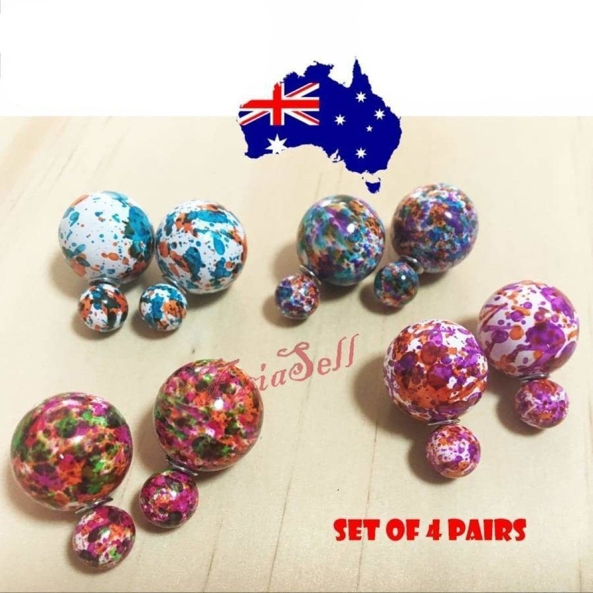 4 Pairs Splattered Paint Pattern Colourful Round Stud Earrings 16mm Womens Girls - - Asia Sell