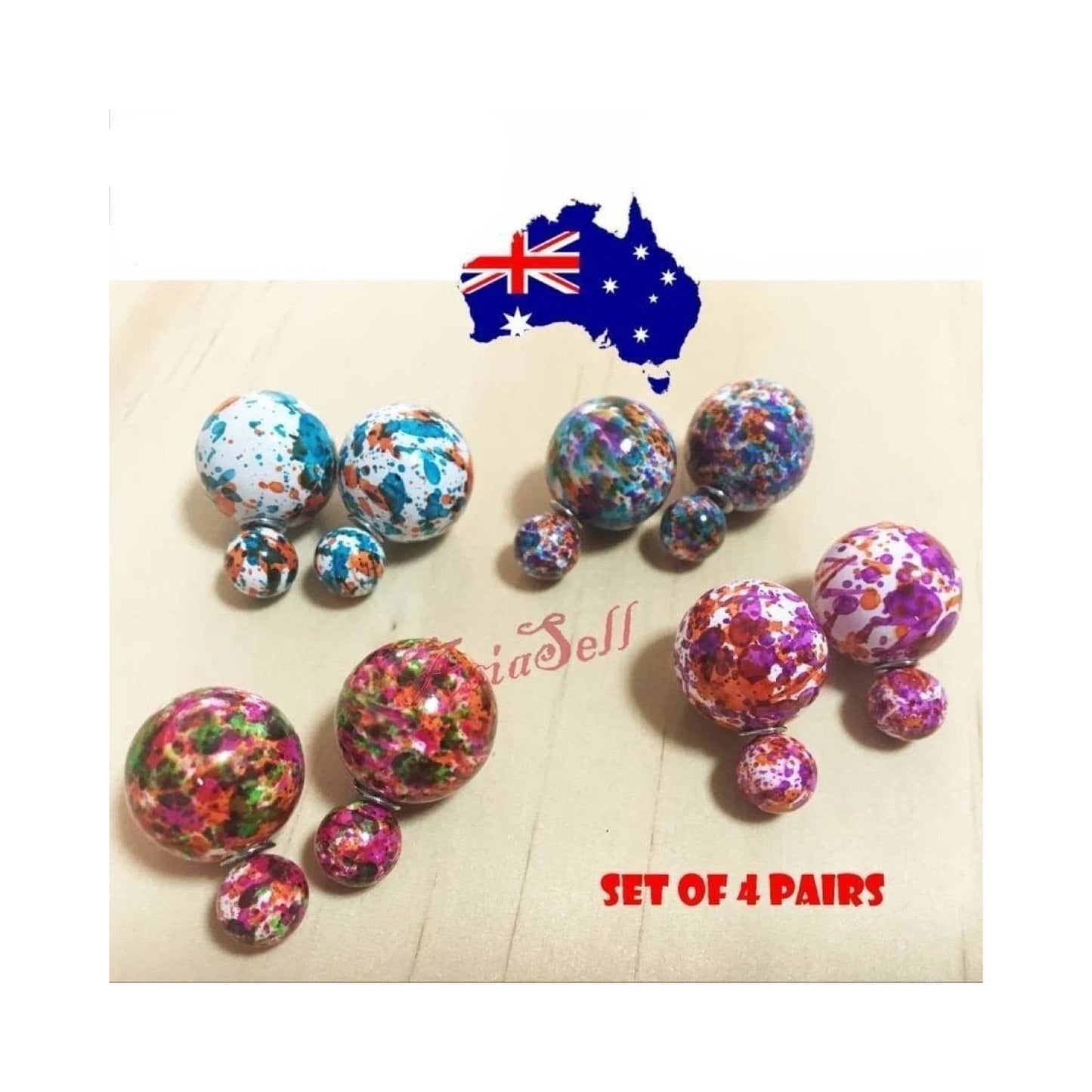 4 Pairs Splattered Paint Pattern Colourful Round Stud Earrings 16mm Womens Girls - - Asia Sell