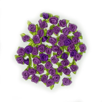 40pcs Mini Artificial Flowers Heads Small Ribbon Roses DIY Crafts Wedding Decorations - Deep Purple - - Asia Sell