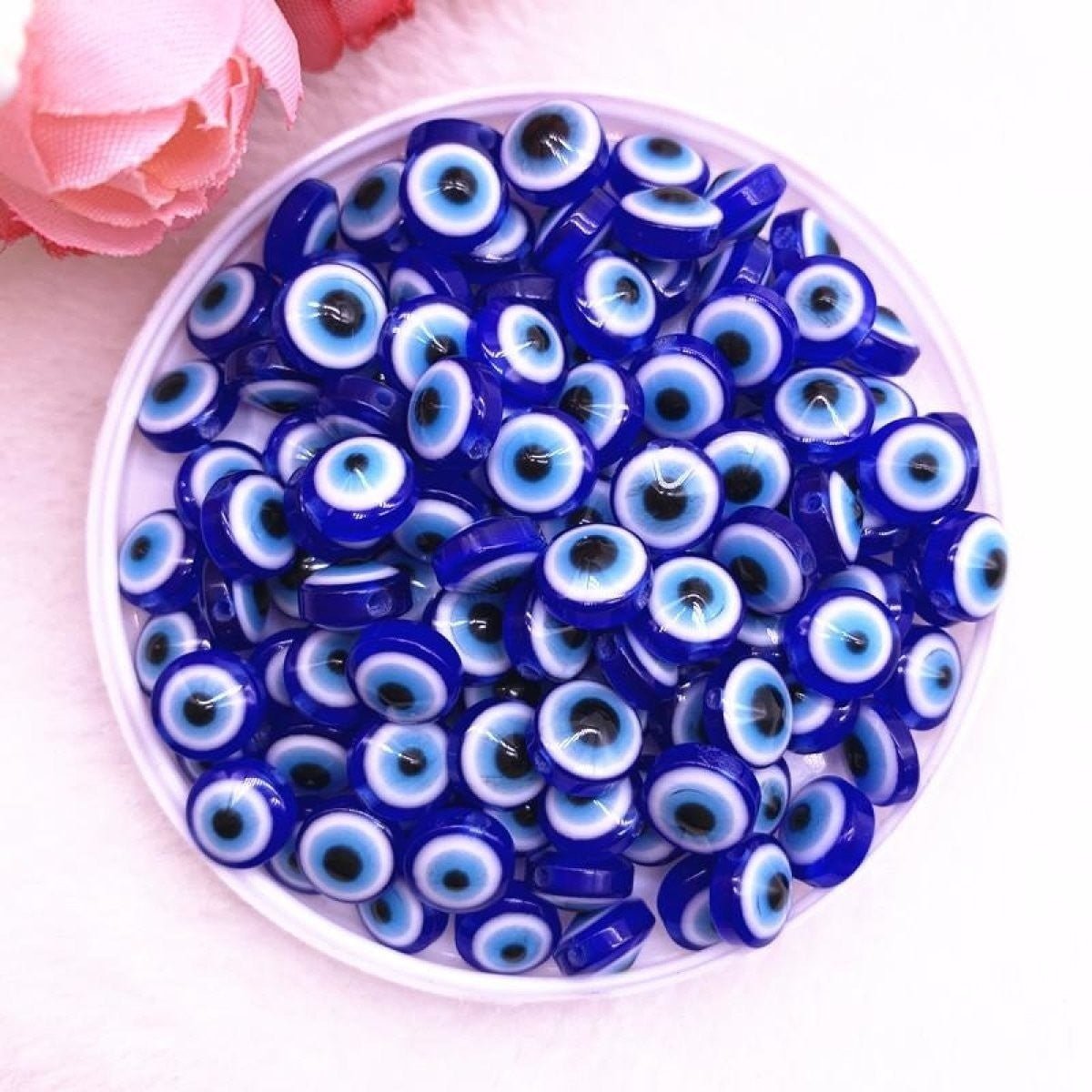 48pcs 8/10mm Resin Spacer Beads Double Sided Eyes for Jewellery Making DIY Bracelet Beads Set A Flat Backed - Blues 8mm - Asia Sell