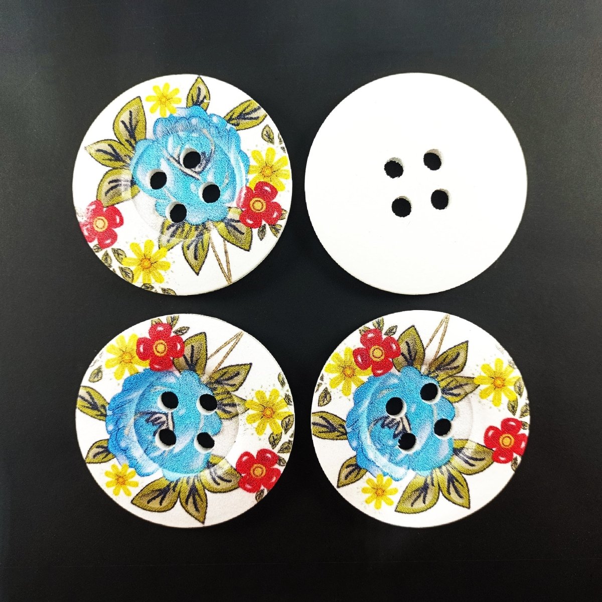 4pcs 50mm Painted Wooden Buttons 4-Hole Coat Boots Upholstery Flower Butterfly Clothes - 11. Blue Flowers - Asia Sell