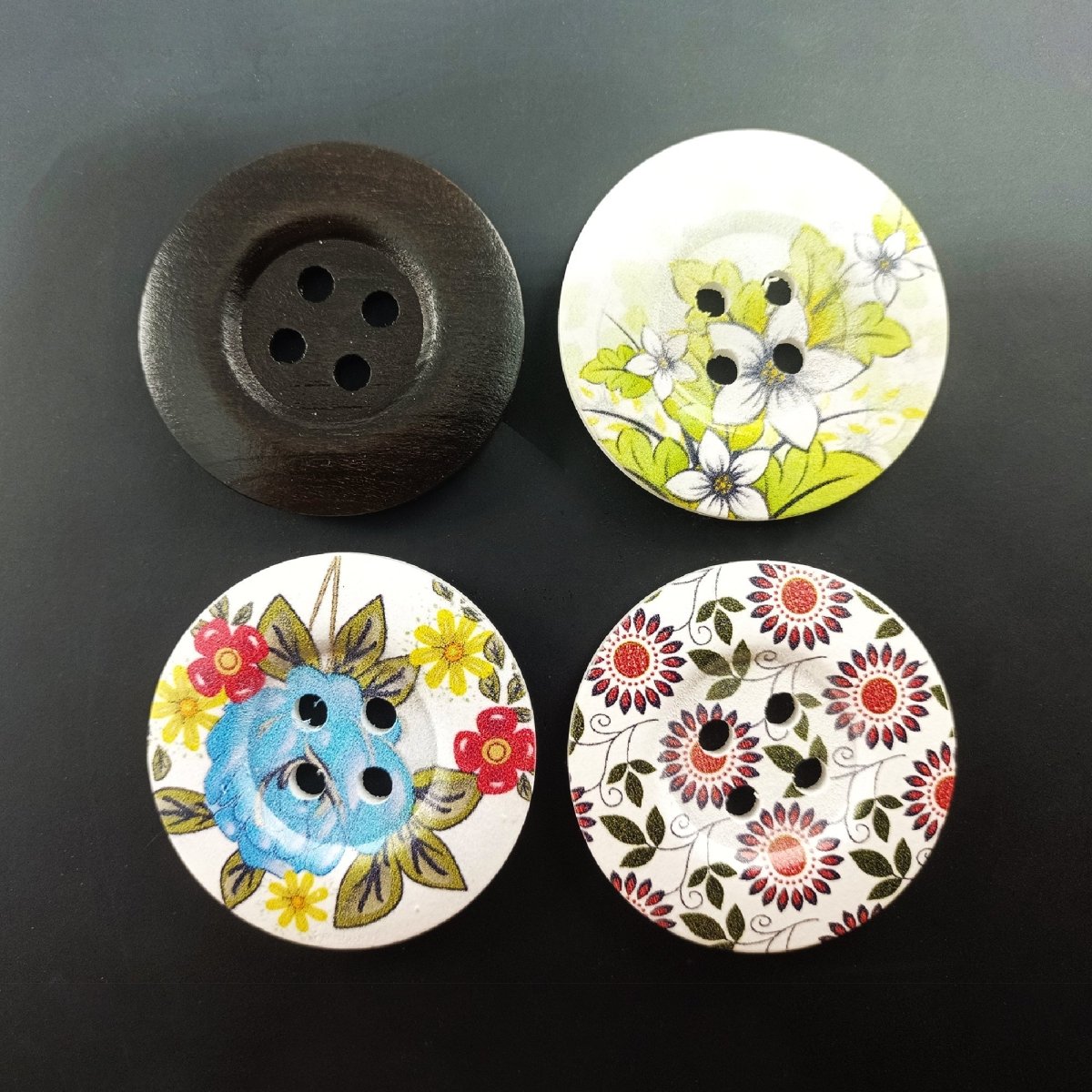 4pcs 50mm Painted Wooden Buttons 4-Hole Coat Boots Upholstery Flower Butterfly Clothes - 14. Mixed Flowers Solid Brown - Asia Sell