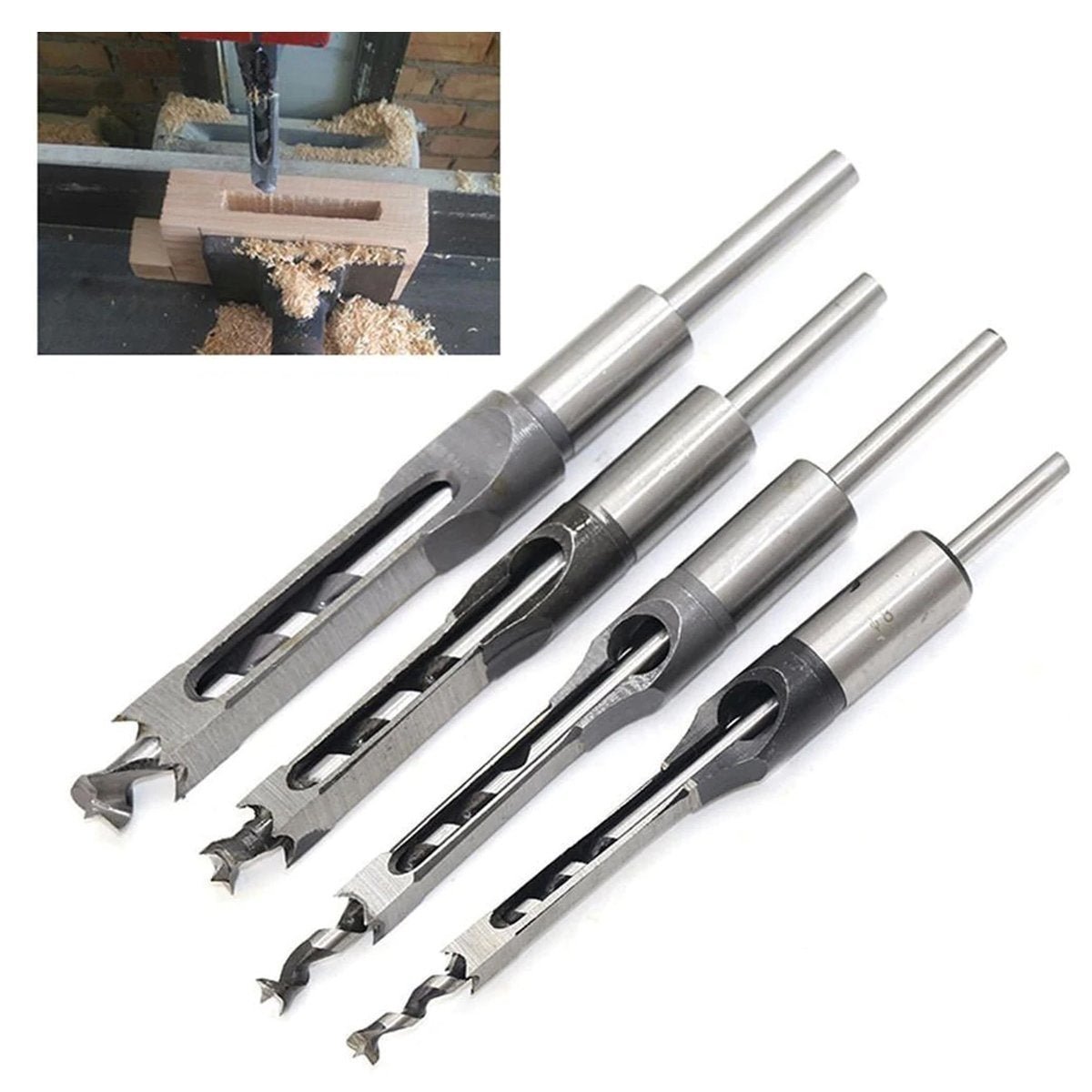 4pcs Set Square Hole Extended Drill HSS Twist Drill Bits Woodworking Drill Tools Kit Set Square Auger Mortising Chisel Drill Set - - Asia Sell