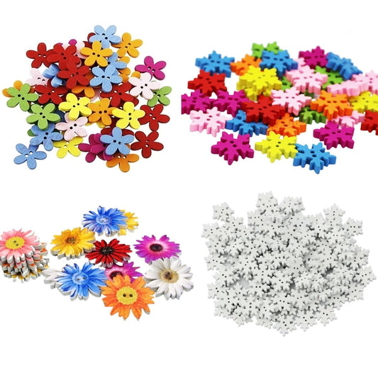 50/100pcs Wooden Buttons 2 Holes Chrysanthemum SunFlower Flower Snow Flake Sewing Button - 100x 15mm Flower - - Asia Sell