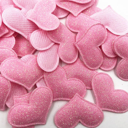 50pcs 35mmx30mm Glitter Padded Heart Felt Patches Appliques For Clothing Sewing DIY Wedding Decoration Toy Craft Shapes PU Leather - Pink - - Asia Sell