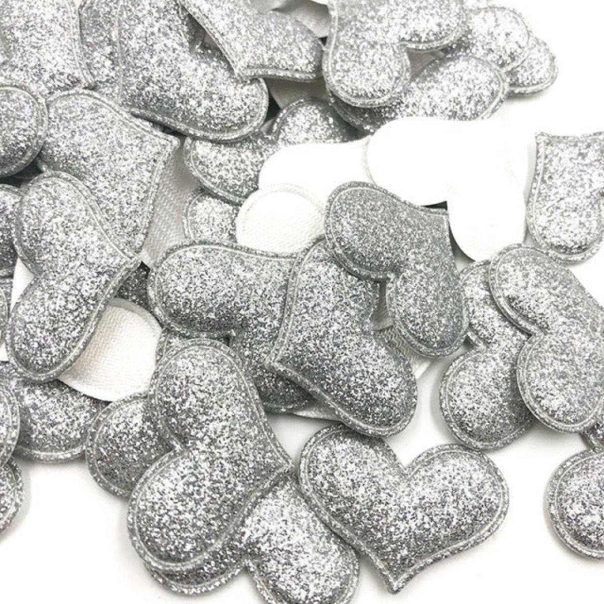 50pcs 35mmx30mm Glitter Padded Heart Felt Patches Appliques For Clothing Sewing DIY Wedding Decoration Toy Craft Shapes PU Leather - Silver - Asia Sell