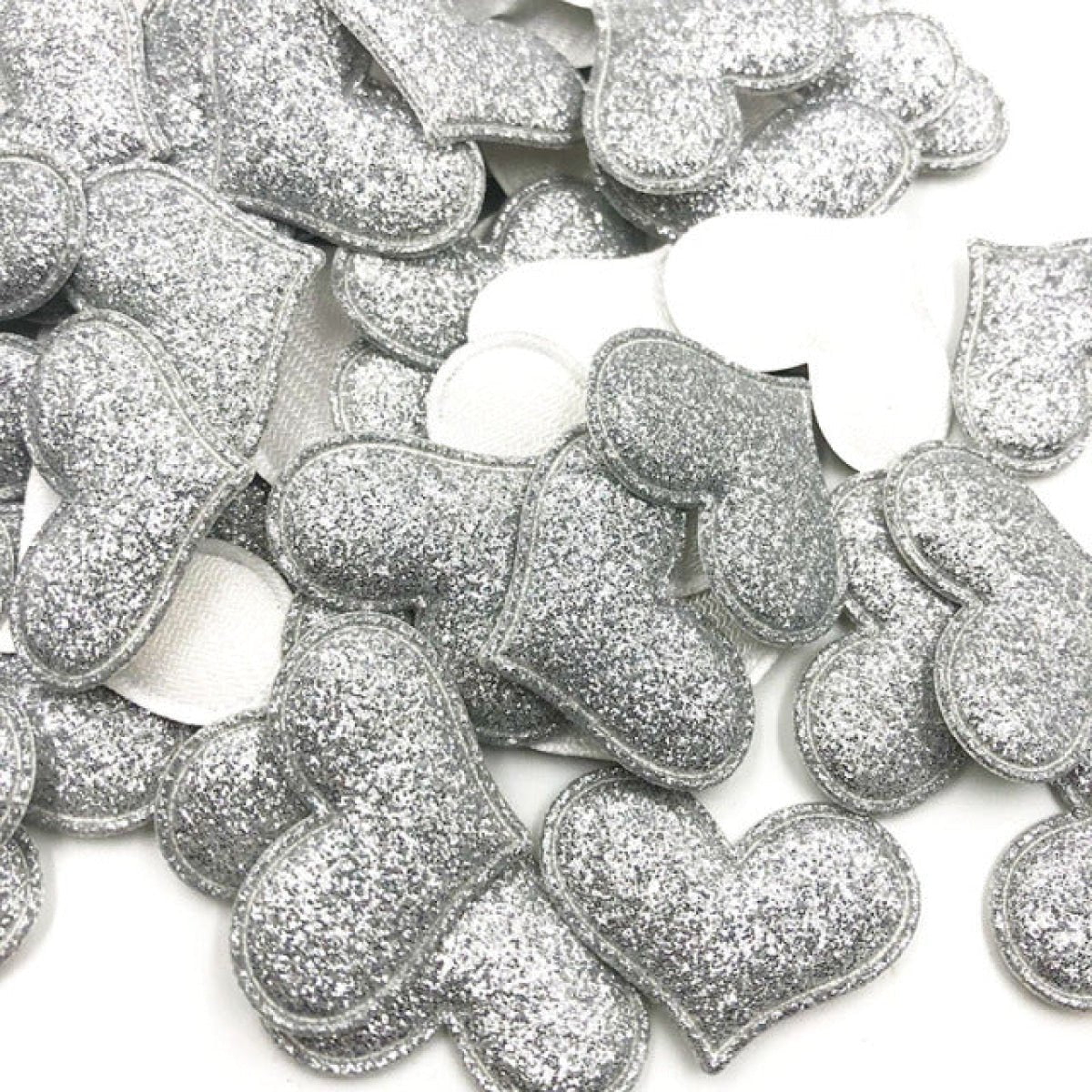 50pcs 35mmx30mm Glitter Padded Heart Felt Patches Appliques For Clothing Sewing DIY Wedding Decoration Toy Craft Shapes PU Leather - Silver - - Asia Sell