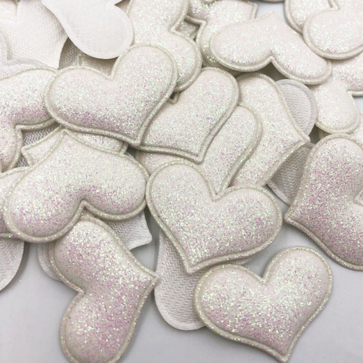 50pcs 35mmx30mm Glitter Padded Heart Felt Patches Appliques For Clothing Sewing DIY Wedding Decoration Toy Craft Shapes PU Leather - White - Asia Sell