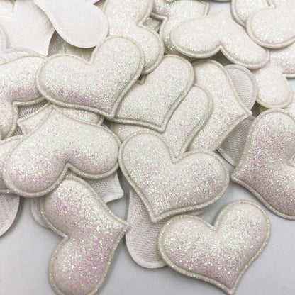 50pcs 35mmx30mm Glitter Padded Heart Felt Patches Appliques For Clothing Sewing DIY Wedding Decoration Toy Craft Shapes PU Leather - White - - Asia Sell