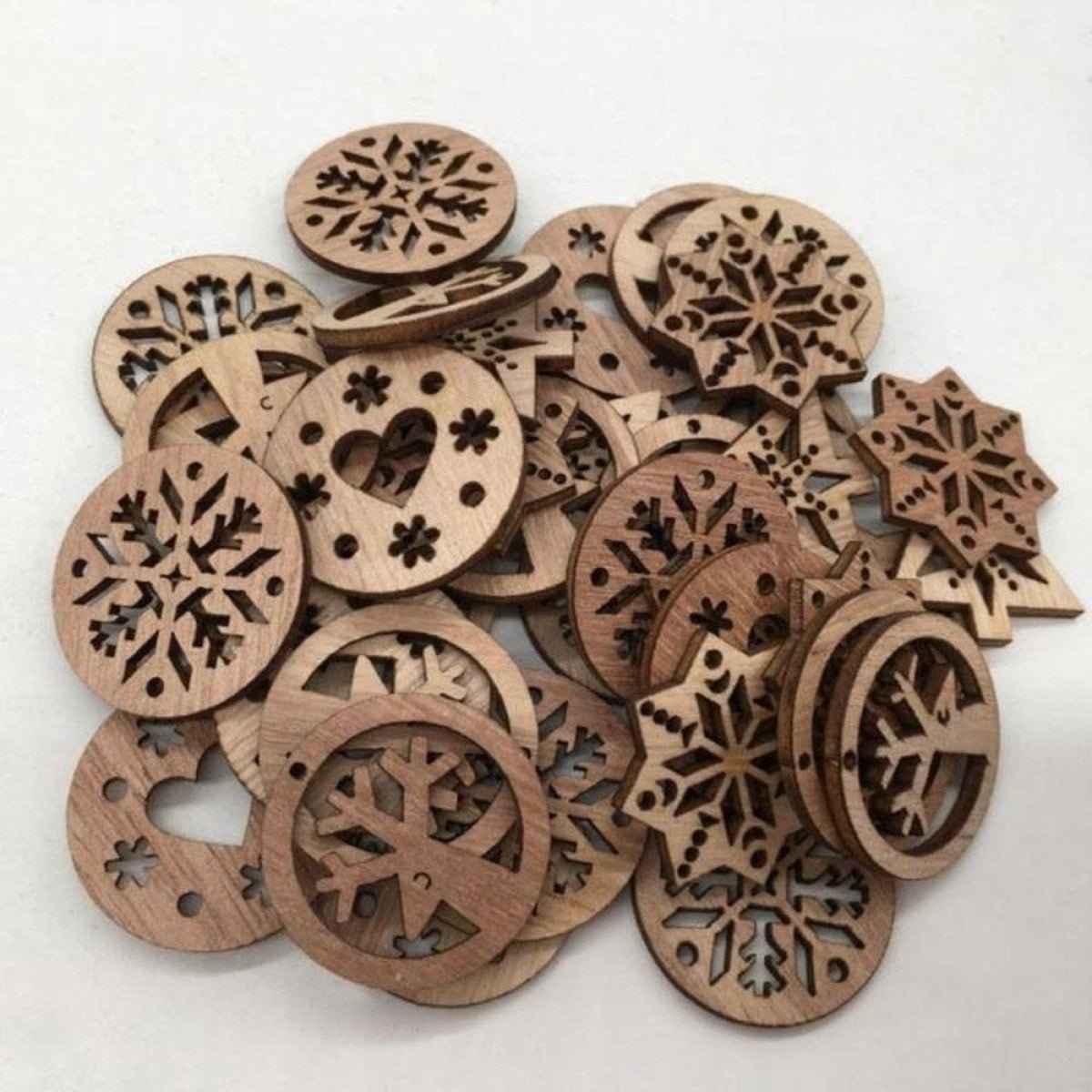 50pcs Natural Wood Craft Christmas Pendant Hanging Ornament Reindeer Xmas Tree Snowflakes New Year Decor Home Decorations - Dark Wheel 30mm - Asia Sell