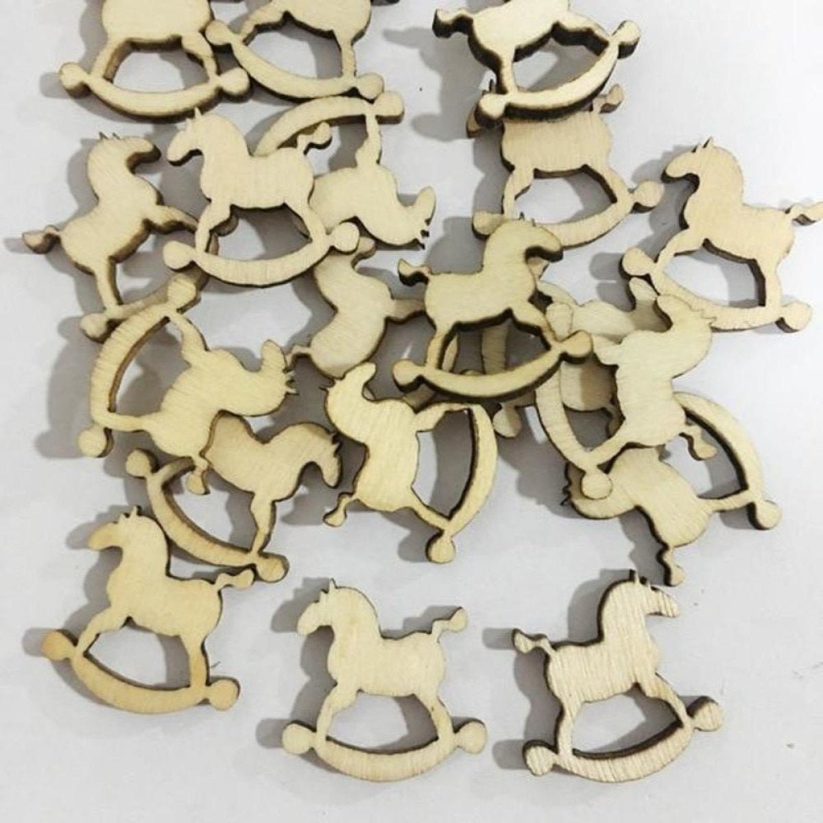 50pcs Natural Wood Craft Christmas Pendant Hanging Ornament Reindeer Xmas Tree Snowflakes New Year Decor Home Decorations - Rocking Horse 19mm - Asia Sell