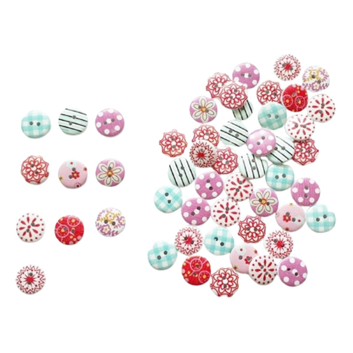 50pcs Printed Round Wooden Buttons 2 Holes 15mm Mixed Wood Clothing - Flower mixed - - Asia Sell
