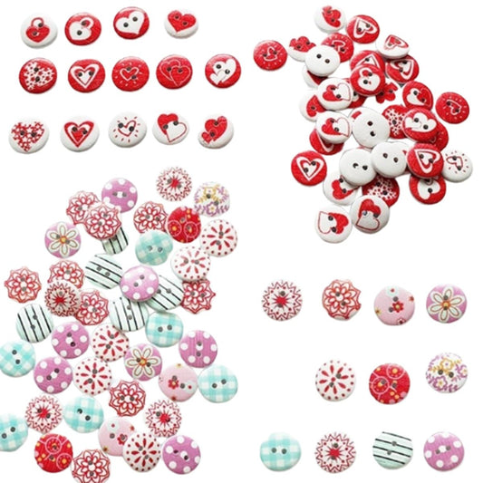 50pcs Printed Round Wooden Buttons 2 Holes 15mm Mixed Wood Clothing - Heart printed - - Asia Sell