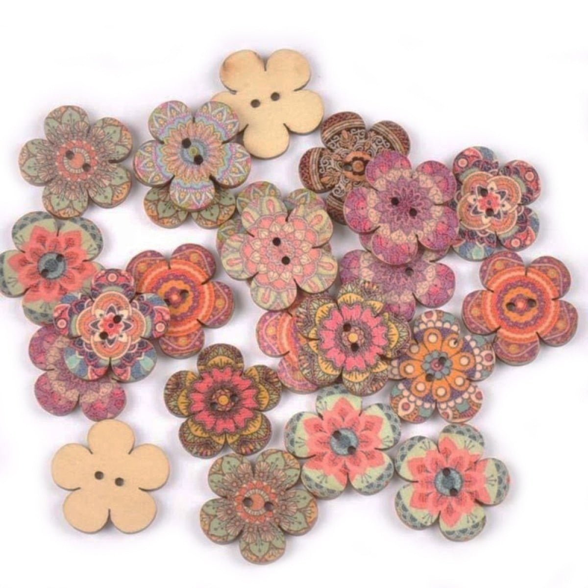 50x Retro Wooden Buttons for Scrapbooking and Handmade Clothes 15-25mm Set A - 20mm Flowers 3 - Asia Sell