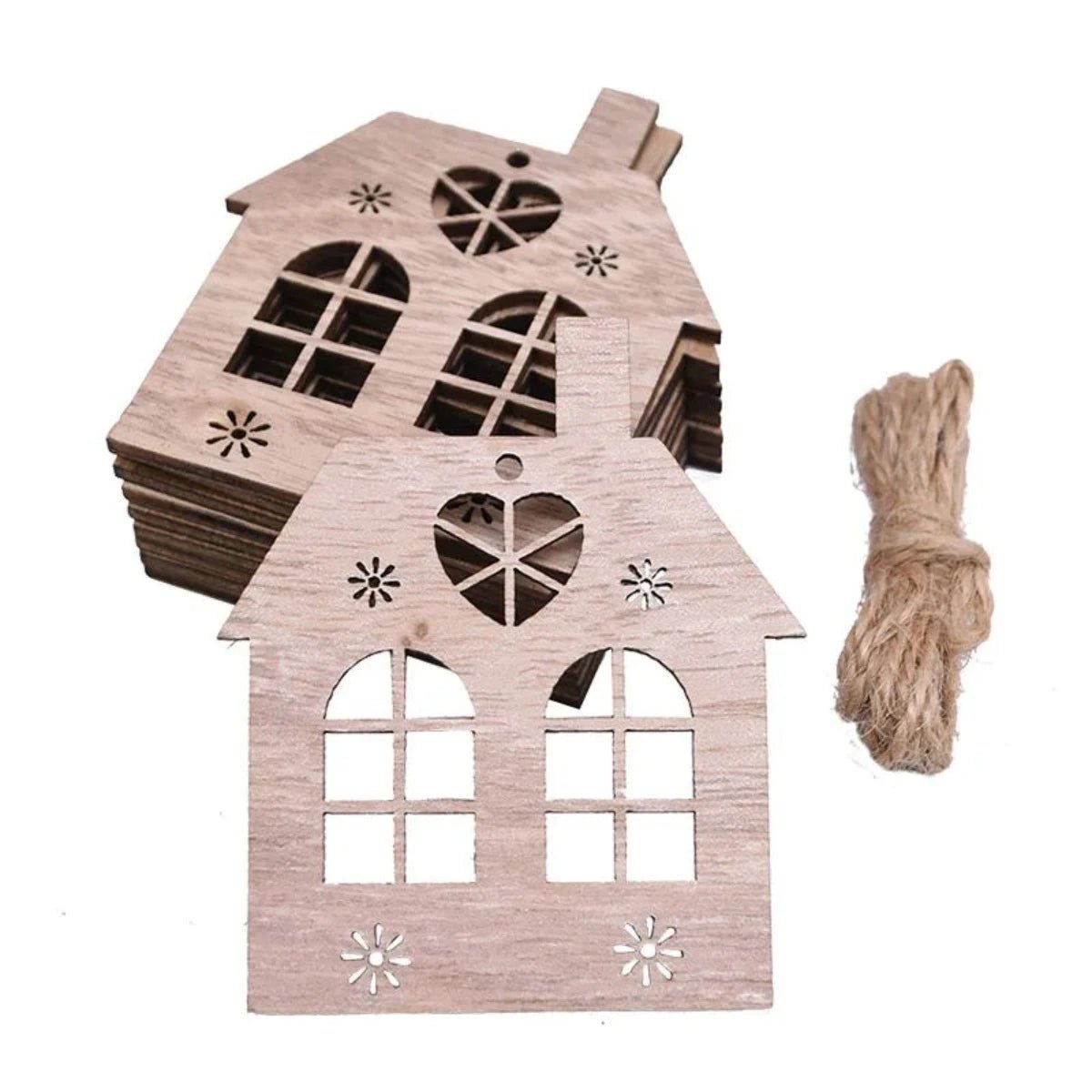 5/10pcs Christmas Wooden Pendant Hanging Ornament w/String Xmas Tree Santa Claus Star Snowman Decoration - 5pcs House - Asia Sell