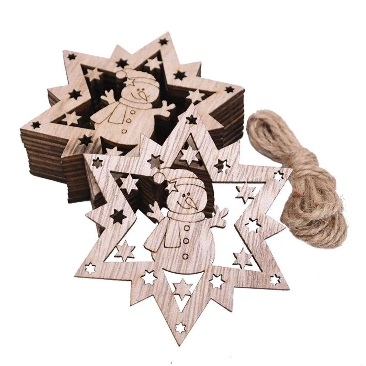 5/10pcs Christmas Wooden Pendant Hanging Ornament w/String Xmas Tree Santa Claus Star Snowman Decoration - 5pcs Snowman Star - Asia Sell
