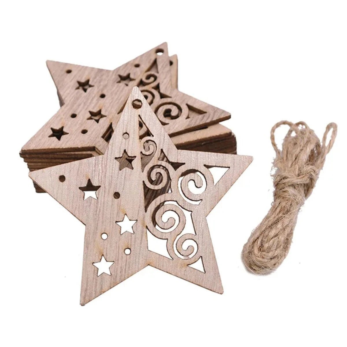 5/10pcs Christmas Wooden Pendant Hanging Ornament w/String Xmas Tree Santa Claus Star Snowman Decoration - 5pcs Star - Asia Sell