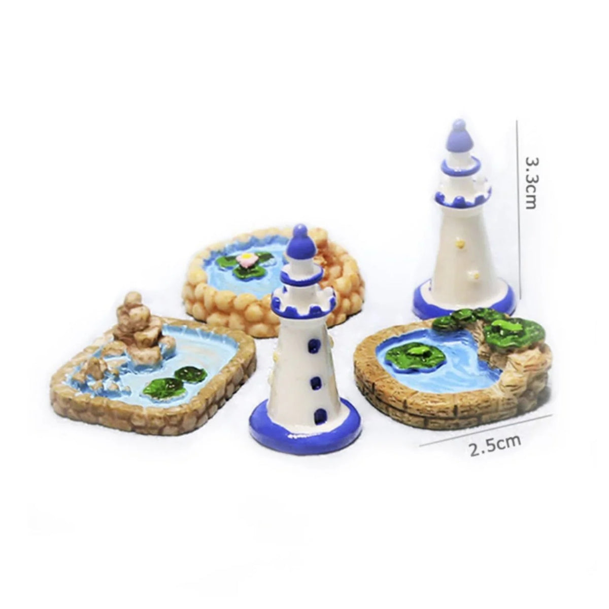 Set of miniature lighthouse figurines with decorative bases on a white background