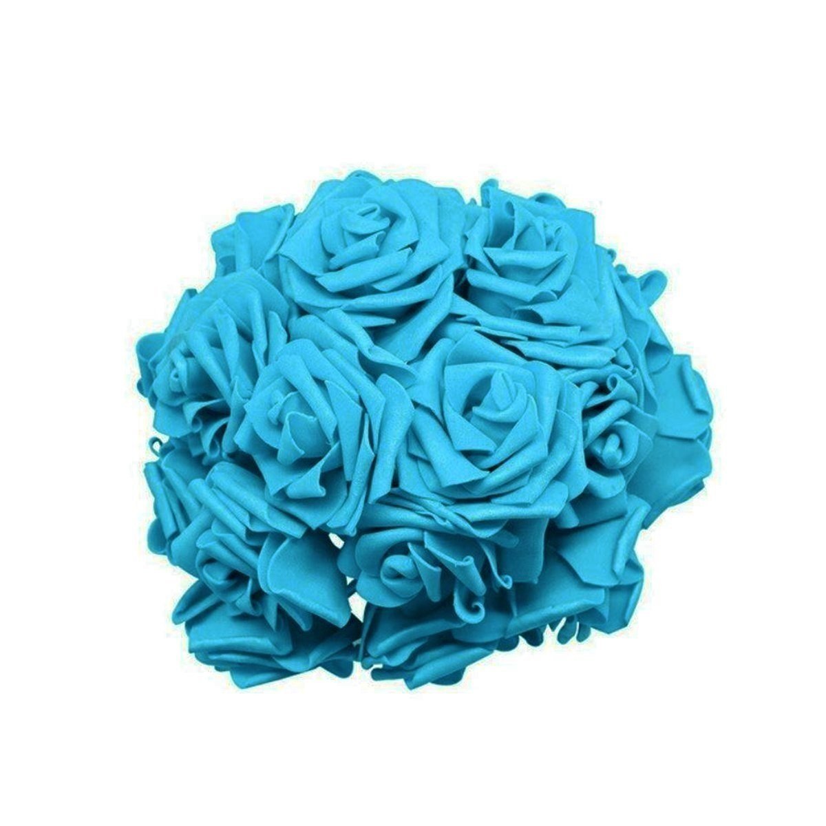 60pcs 8cm Artificial Flowers with Stems Foam Rose Fake Bride Bouquet Wedding Set A - Cyan/Blue - Asia Sell