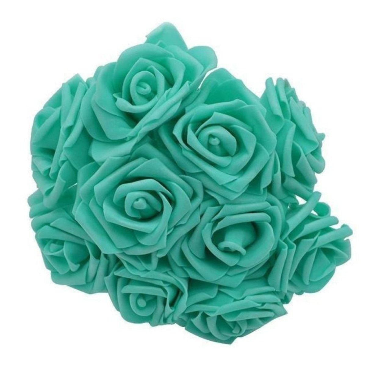 60pcs 8cm Artificial Flowers with Stems Foam Rose Fake Bride Bouquet Wedding Set C - Teal / Tiffany Blue - Asia Sell